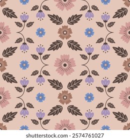 Floral seamless pattern on a beige background. Beautiful pastel pattern with cute blue, rose and brown flowers and leaves in trendy colors of the year 2025. Rustic textile print. Hand drawn style
