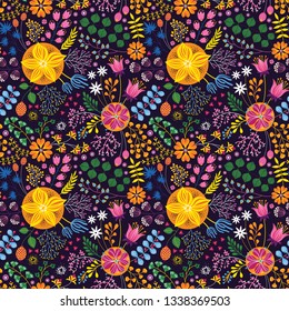 Floral seamless pattern on black. Abstract vector background with flowers and leaves. Natural bright design.