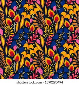 Floral seamless pattern on black. Abstract vector background with flowers and leaves. Natural bright design.