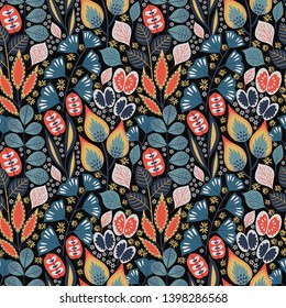 Floral seamless pattern on black. Abstract vector background with flowers and leaves. Natural bright design.