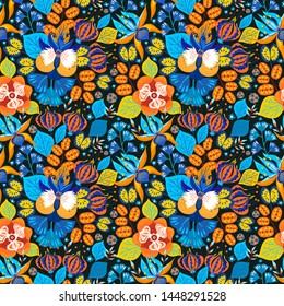 Floral seamless pattern on black. Abstract vector background with flowers and leaves. Natural bright design.