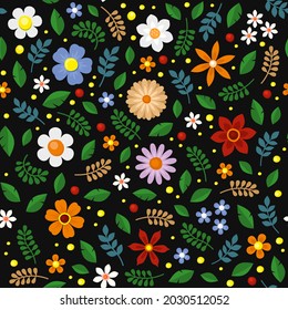 Patrón sin foco floral sobre fondo negro. Vector