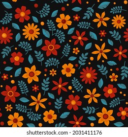 Floral Seamless Pattern on Black Background. Vector