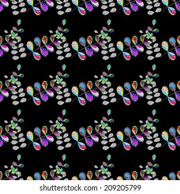 floral seamless pattern on black background with hand drawn flowers 