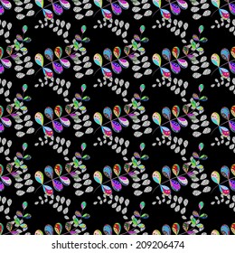floral seamless pattern on black background with hand drawn flowers 