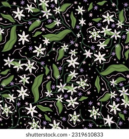 Floral seamless pattern on black background. Vector print with flowers and leaves.