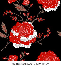 Patrón sin costura floral en un fondo negro en estilo chino rojo y blanco de lujo rosas ramos de flores sin patrón adecuado para el Vector de textiles