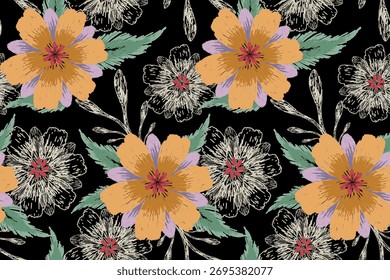 Floral seamless pattern on black background,sketch floral seamless pattern,vector illustration,floral seamless pattern,oriental embroidery.design for texture,fabric,clothing,decoration,print,blanket