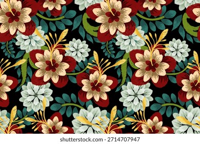 Floral seamless pattern on black background,sketch floral seamless pattern,vector illustration,orchid floral seamless pattern,oriental embroidery.design for texture,fabric,clothing,decoration,print.