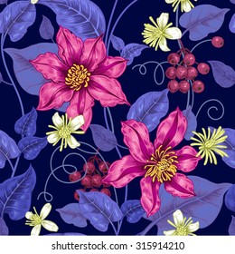 Floral seamless pattern on a black background for fabrics, textiles, wallpaper, paper. Vector. Clematis flowers and ornamental berries. Design Victorian style.