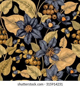 Floral seamless pattern on a black background for fabrics, textiles, wallpaper, paper. Vector. Clematis flowers and ornamental berries. Design Victorian style.