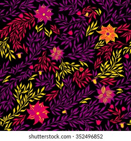 Floral seamless pattern on a black background. Vector illustration.