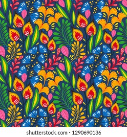 Floral seamless pattern on blue. Abstract vector background with flowers and leaves. Natural bright design.