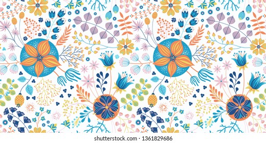 Floral seamless pattern on blue. Abstract vector background with flowers and leaves. Natural bright design.