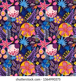 Patrón floral sin fisuras en azul. Fondo vector abstracto con flores y hojas. Diseño natural y luminoso.