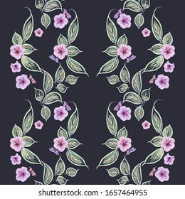 Floral seamless pattern on a blue Navy blazer background vertical ornament from transparent decorative leaves and pink-lilac flowers for textile design, scarfs. Vector stock illustration.