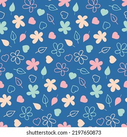 Patrón floral sin soldadura sobre fondo azul, ilustración vectorial infantil linda con flor, corazón y hoja
