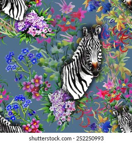 Floral seamless pattern on blue background with colorful garden flowers and zebra head vector illustration