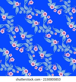 Patrón floral sin soldadura sobre un fondo azul brillante ornamento diagonal de fondo de hojas decorativas transparentes y flores rosadas-lilas para el diseño textil, pañuelos. Ilustración de material vectorial.