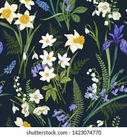 Floral seamless pattern on dark background. Spring and summer flowers. Vector botanical illustration.