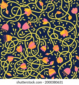 Patrón floral sin soldadura sobre un fondo oscuro. Ilustración vectorial de flores y plantas entrelazadas para una postal, invitación