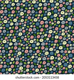 Floral seamless pattern on a dark background. A pattern of small flowers and leaves. A vector image in the style of doodles.