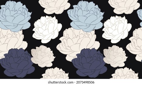 Floral seamless pattern on dark background. Peony flower line arts design. Trendy flowers graphic elements. Suit for textiles, wallpaper, paper, scrapbook, card, fabric, printing, curtain, fashion