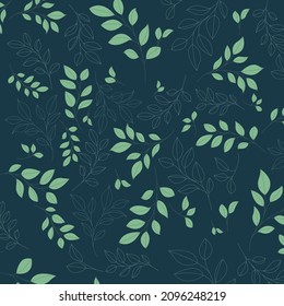 Floral seamless pattern on dark blue background. Green branches with leaves.