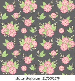 Floral seamless pattern on a dark background. Vector ornament with pink flowers and plant elements.