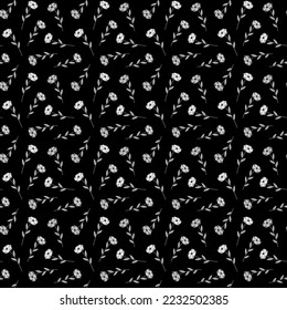 Floral seamless pattern on dark background. Vector illustration of small flowers. Monochrome plant print.