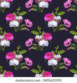 Floral seamless pattern on a dark blue background with bouquets of different flowers. Vector illustration.
