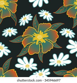 floral seamless pattern on dark green background
