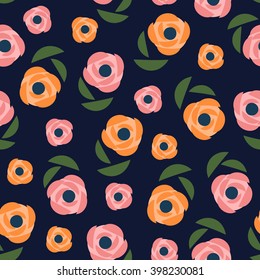 Floral seamless pattern on dark background. Cute spring flowers background - buttercups, poppies, ranunculus. Decorative flowers texture. Fashion design for fabric and decor.