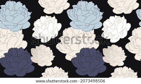 Floral seamless pattern on dark background. Peony flower line arts design. Trendy flowers graphic elements. Suit for textiles, wallpaper, paper, scrapbook, card, fabric, printing, curtain, fashion