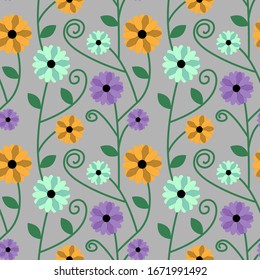 floral sin fisuras sobre un laca de fondo gris, flores anaranjadas y azules y adorno floral. vectorial