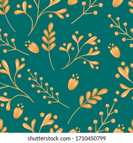 Floral seamless pattern on green, emerald background. Vector pattern, great print for fabric or wallpaper. 