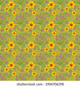Patrón floral sin soldadura sobre fondo de hoja verde. Las flores repiten papel tapiz. Diseño plano. Ilustración botánica. Impresión textil y envolvente.