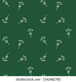 Floral seamless pattern on a green background. Faded fluffy dandelion flowers.