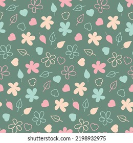 Floral seamless pattern on green marsh background, cute childish vector illustration