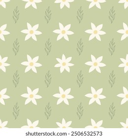 Nahtloses florales Muster auf grünem Hintergrund. Einfache süße Blume Textil Muster Design Vektor.
