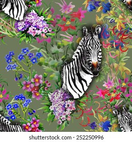 Floral seamless pattern on green background with colorful garden flowers and zebra head vector illustration