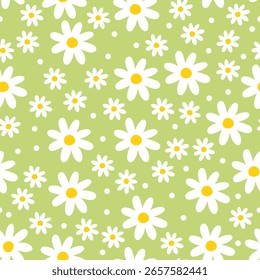 Blumen nahtlose Muster auf grünem Hintergrund, bunte doodle Gänseblümchen Muster Design, Kamille Packpapier, niedliche Cartoon Digitalpapier Design, grün helle dekorative Muster mit weißen Blumen