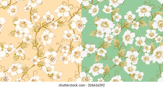 floral seamless pattern on green and beige colors backgrounds, vector illustration