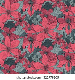 Floral seamless pattern on with hand drawn clematis flowers for fabrics, textiles, wallpaper, paper. Beautiful vector background 