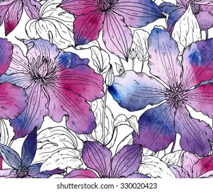 Floral seamless pattern on with hand drawn clematis flowers with watercolor texture. Beautiful vector background. 