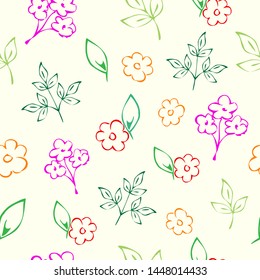 Floral seamless pattern on a  light background, vector botanical ornaments and decorative plants elements,  illustration of hand drawing flower, branches, leaves