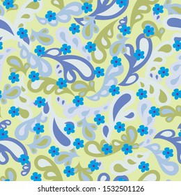 Nahtloses Muster ohne Blumen. Auf hellem Hintergrund sind kleine Blumen und Blätter. Ein Ausdruck für Textilien in blauen Tönen. Vektorgrafik.