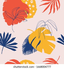 Floral seamless pattern on light background. Hand draw illustration. Silhouettes of various tropical leaves. Perfect for craft projects, paper products, greeting card.
