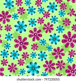 Floral seamless pattern on light green background with pink and blue flowers. For textiles, Wallpaper, paper, notebooks, notepads.
