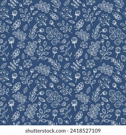 Floral seamless pattern on navy background. Minimalist botanical line art floral pattern. Ideal for textile design, wallpaper, wrapping, covers, cards, invitations and posters